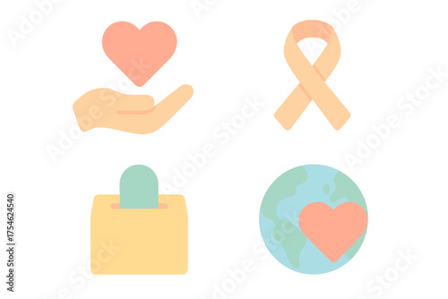 Charity and donation symbols featuring hand heart ribbon and global support concepts