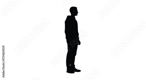 Striking full-body silhouette of a person standing in profile against a pristine white background, conveying anonymity, human form, and quiet presence for versatile design applications