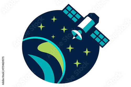 Communication satellite orbiting a planet in deep space surrounded by stars