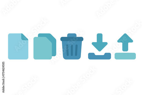 Blue flat design symbols for file operations, trash, downloading, and uploading data