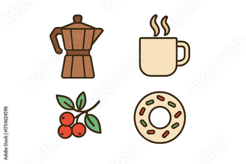 Stylized set of coffee and breakfast items: moka pot, steaming mug, coffee beans, and glazed donut