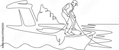 Continuous single line drawing A fisherman takes out a fishing net. A fisherman on a fishing boat. Seascape. Linear . One continuous line isolated minimalist illustration. Not AI.