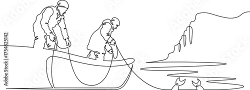 Continuous single line drawing A fisherman takes out a fishing net. A fisherman on a fishing boat. Seascape. Linear . One continuous line isolated minimalist illustration. Not AI.