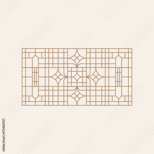 Elegant geometric pattern inspired by gothic window frames and vintage stained glass design. Decorative linear ornament in beige and brown tones, perfect for architecture, interior design.