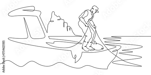 Continuous single line drawing A fisherman takes out a fishing net. A fisherman on a fishing boat. Seascape. Linear . One continuous line isolated minimalist illustration. Not AI.