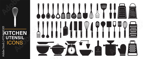 Black and white kitchen utensil vector pack with pots, pans, spatulas, and cooking tools