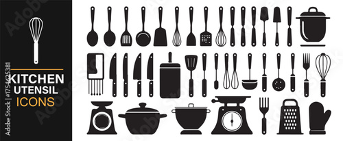Collection of silhouette kitchen utensil icons featuring spoons, knives, and cookware designs