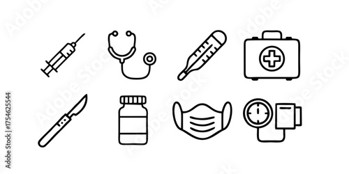 Healthcare and medical line vector icon set. Collection of hospital equipment, diagnostic tools, and health symbols for science and technology design.