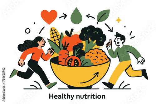 Vibrant Balanced Nutrition. Healthy nutrition. A glowing bowl filled with fruits, vegetables, and grains, with