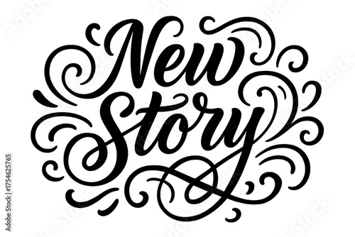 New Story Elegance. “New Story”. Elegant modern calligraphy lettering with bold and saturated thick strokes,