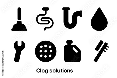 Plumbing Tools Icons. Clog solutions. Filled icon set of Clog solutions: plunger, drain snake, pipe, water
