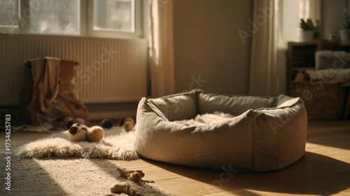 A cozy sunlit pet bed on the floor of an apartment with toys scattered around it creates a warm and welcoming atmosphere.