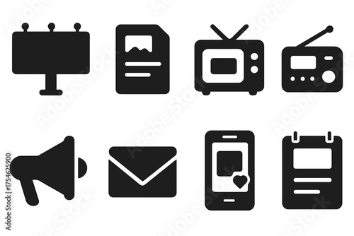 Advertising Icon Set. Advertising campaigns. Filled icon set of Advertising campaigns: billboard, flyer,