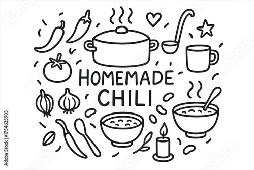 Homemade Chili Doodle. Homemade Chili. Hand-drawn doodle illustration of Homemade Chili. big pot, chili