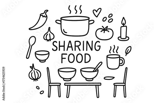 Sharing Food Doodles. Sharing Food. Hand-drawn doodle illustration of Sharing Food. big pot, bowls, spoons,