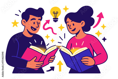 Shared Discovery. Learning together. Two characters reading glowing books side by side, floating icons of