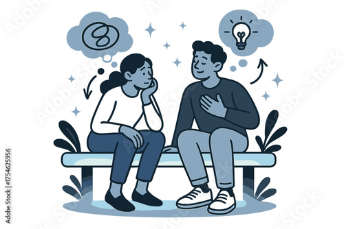 Reflective Floating Bench Scene. Reflective moments. Two characters sitting on a glowing bench, floating