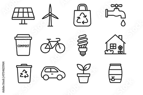 Sustainable Icons Grid. Sustainable living. Line outline icon set of Sustainable living: solar panel, wind