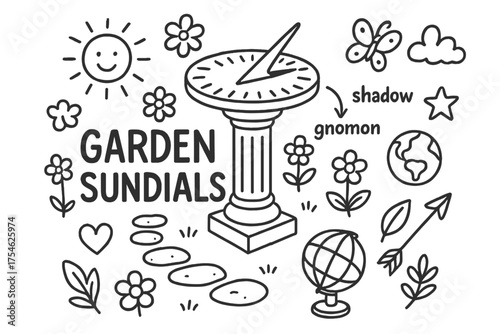 Garden Sundials Doodle. Garden Sundials. Hand-drawn doodle illustration of Garden Sundials. sundial, pedestal,