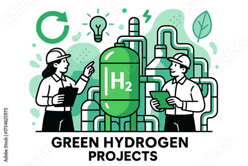 Futuristic Green Hydrogen. Green Hydrogen Projects. Engineers inspect futuristic plants with glowing green