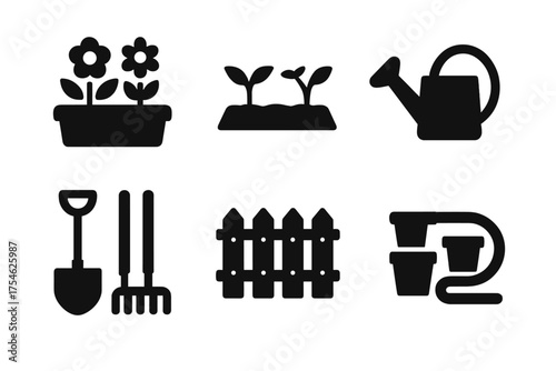 Home Garden Icons. Home garden. Filled icon set of Home garden: flower bed, vegetable patch, watering can,