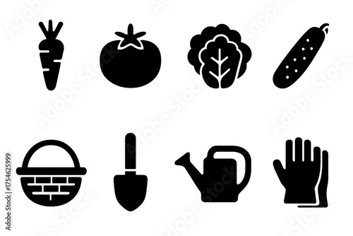 Vegetable Gardening Icons. Vegetable gardening. Filled icon set of Vegetable gardening: carrot, tomato,