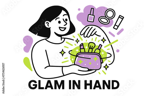 Glamorous Glow. Cosmetic bag. Character holding glowing cosmetic bag with orbiting neon sparkles and floating