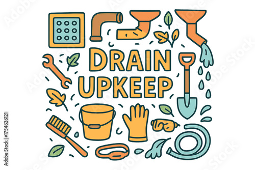 Drain Cleaning Essentials. Drain Upkeep. Hand-drawn doodle illustration of Drain Upkeep. drain cover, pipe,