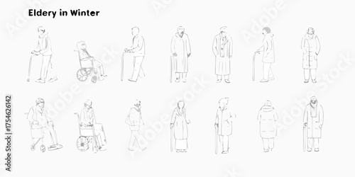 Collection of simple line art illustrations depicting elderly people in winter clothing and using mobility aids