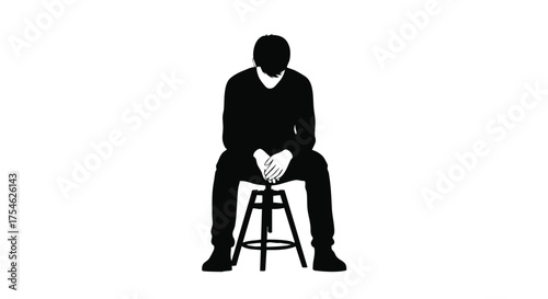 A conceptual vector silhouette of a man sitting alone on a stool with his head down, symbolizing contemplation, loneliness, or anxiety