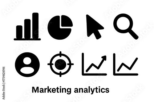 Marketing Icons Grid. Marketing Analytics. Filled icon set of Marketing Analytics: bar chart, pie chart,