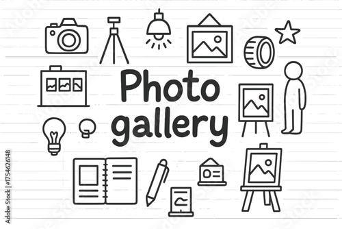 Doodle Photo Gallery Design. Photo gallery. Hand-drawn doodle illustration of Photo gallery. Camera, tripod,
