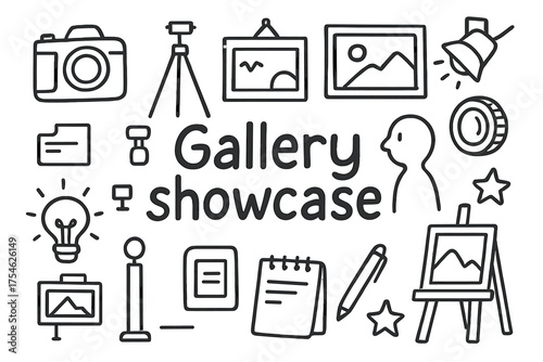 Gallery Showcase Doodle. Gallery showcase. Hand-drawn doodle illustration of Gallery showcase. Camera, tripod,