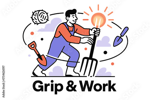 Pitchfork Handle Artwork. Pitchfork handle. Character adjusting glowing pitchfork handle with abstract