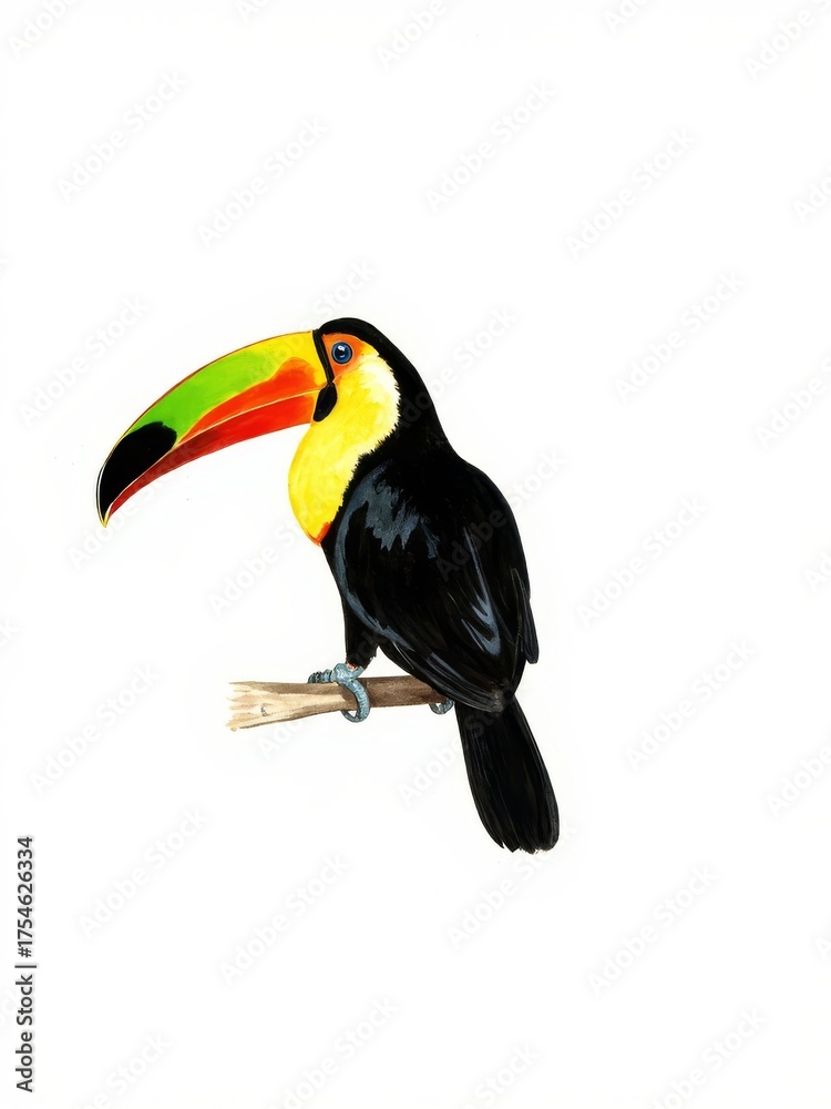 Obraz premium Vibrant Keel-Billed Toucan Perched on a Branch - Exotic Tropical Bird Isolated. A beautifully rendered, realistic illustration of a Keel-Billed Toucan (Ramphastos sulfuratus) perched on a small branch
