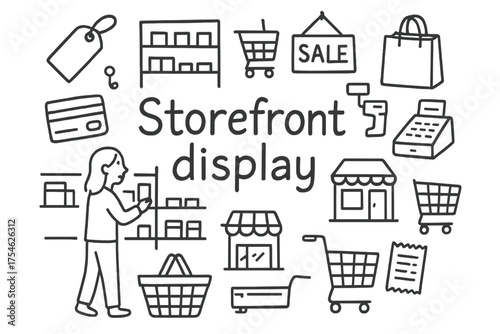 Doodle Storefront Essentials. Storefront display. Hand-drawn doodle illustration of Storefront display.