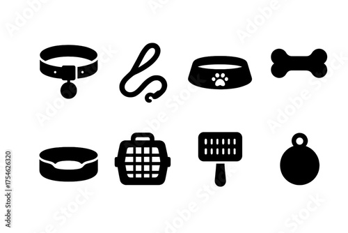 Pet Accessories Icons. Pet Accessories. Filled icon set of Pet Accessories: collar, leash, food bowl, toy, bed