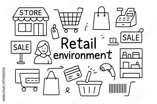 Retail Doodle Icons. Retail environment. Hand-drawn doodle illustration of Retail environment. Store building,