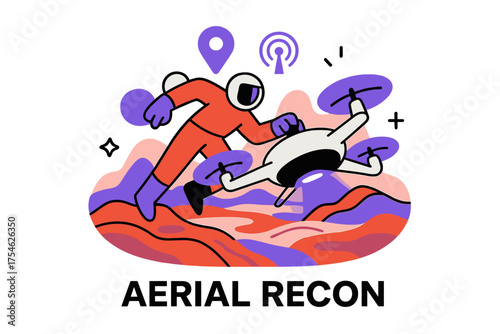 Venus Drone Exploration. Venus exploration. Character piloting glowing aerial drone over abstract Venusian