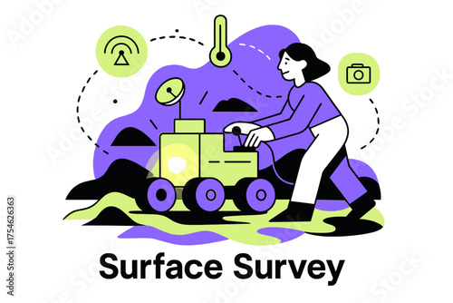 Venus Rover Adventure. Venus exploration. Character controlling glowing rover on abstract Venus surface,