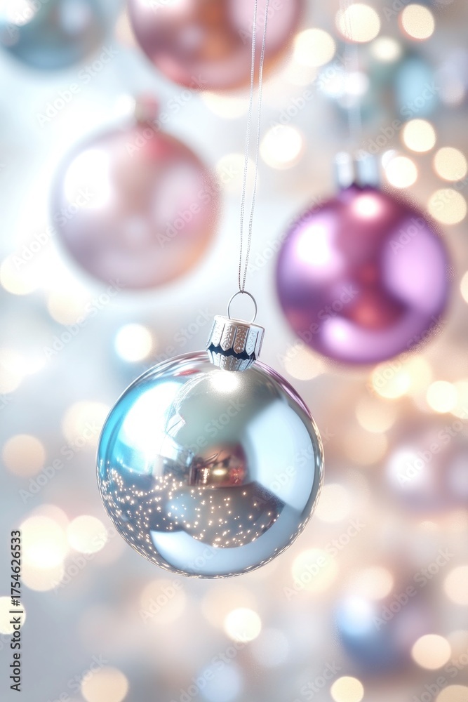 Fototapeta premium Elegant glass ornaments on christmas tree with twinkling lights