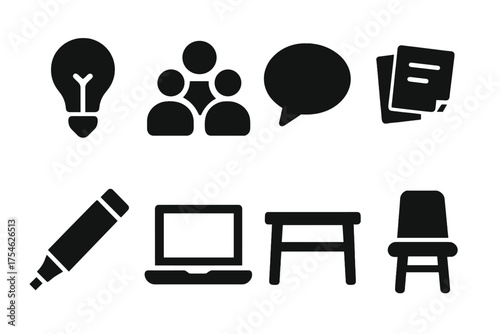 Brainstorming Icon Set. Brainstorming Sessions. Filled icon set of Brainstorming Sessions: light bulb, people,
