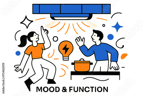 Glowing Kitchen Illumination. Under-cabinet light. Abstract glowing kitchen scene with orbiting light rays and