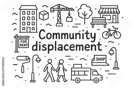 Urban Change Doodle. Community displacement. Hand-drawn doodle illustration of Community displacement.