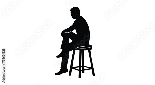 Silhouette of a man sitting on a stool with his legs crossed, isolated on a white background.