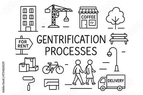 Gentrification Doodle Illustration. Gentrification processes. Hand-drawn doodle illustration of Gentrification