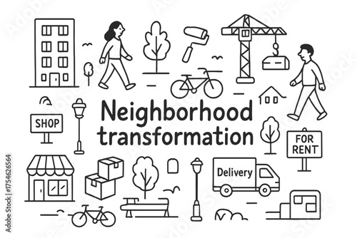 Neighborhood Transformation Icons. transformation. Hand-drawn doodle illustration of Neighborhood
