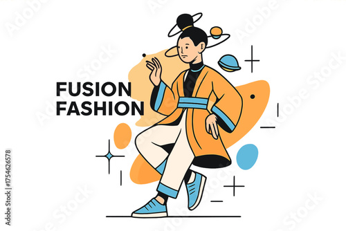 Fusion Fashion Design. Cultural influences in fashion. Character modeling glowing fusion outfit blending