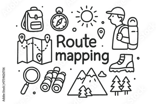 Route Mapping Doodle. Route mapping. Hand-drawn doodle illustration of Route mapping. Map, compass, person,