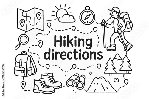 Hiking Adventure Map. Hiking directions. Hand-drawn doodle illustration of Hiking directions. Map, compass,
